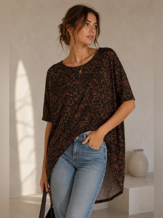 LuLaRoe Tops - LuLaRoe Irma Black Multicolor Floral Print High Low Tunic Top Size Medium NWT